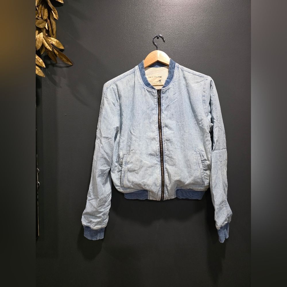 Rag & Bone Women's Blue Denim Bomber Jacket Sz S Distressed Worn Look Moonshine